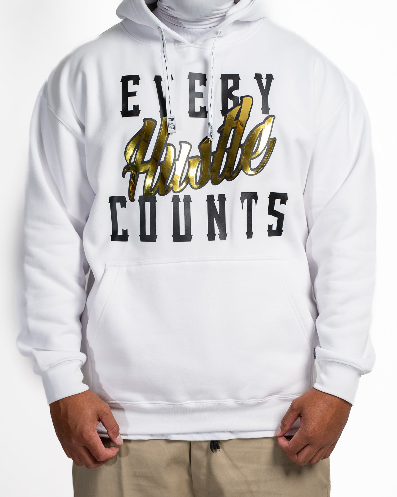 Every Hustle Counts White OG EHC white hoodie with mirror gold script chest print