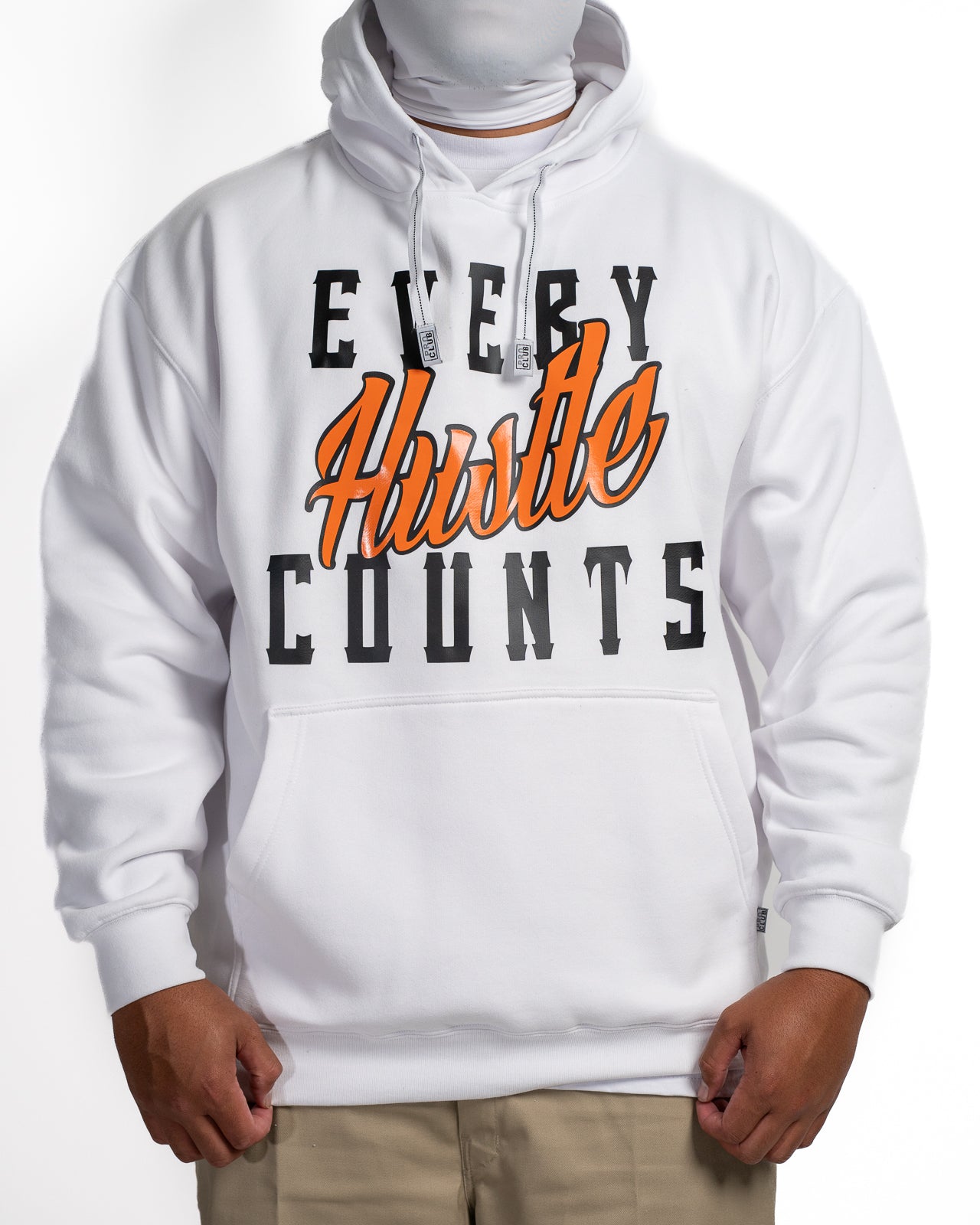 Every Hustle Counts White OG EHC white hoodie with orange script chest print