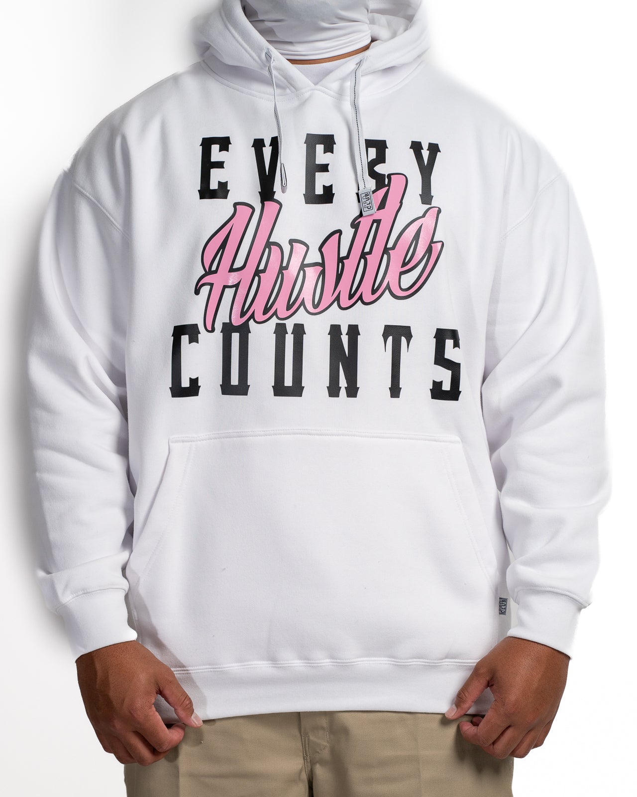 Every Hustle Counts White OG EHC white hoodie with pink script chest print