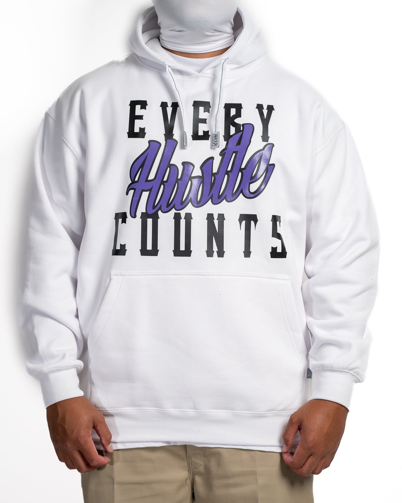 Every Hustle Counts White OG EHC white hoodie with purple script chest print