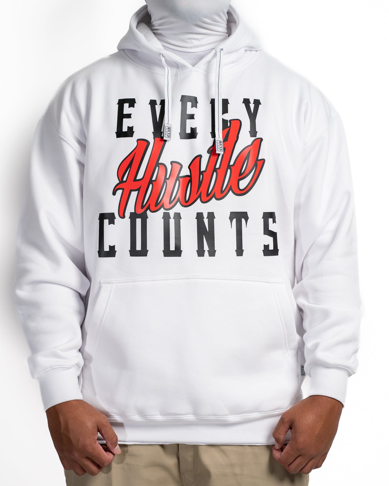 Every Hustle Counts White OG EHC white hoodie with red script chest print