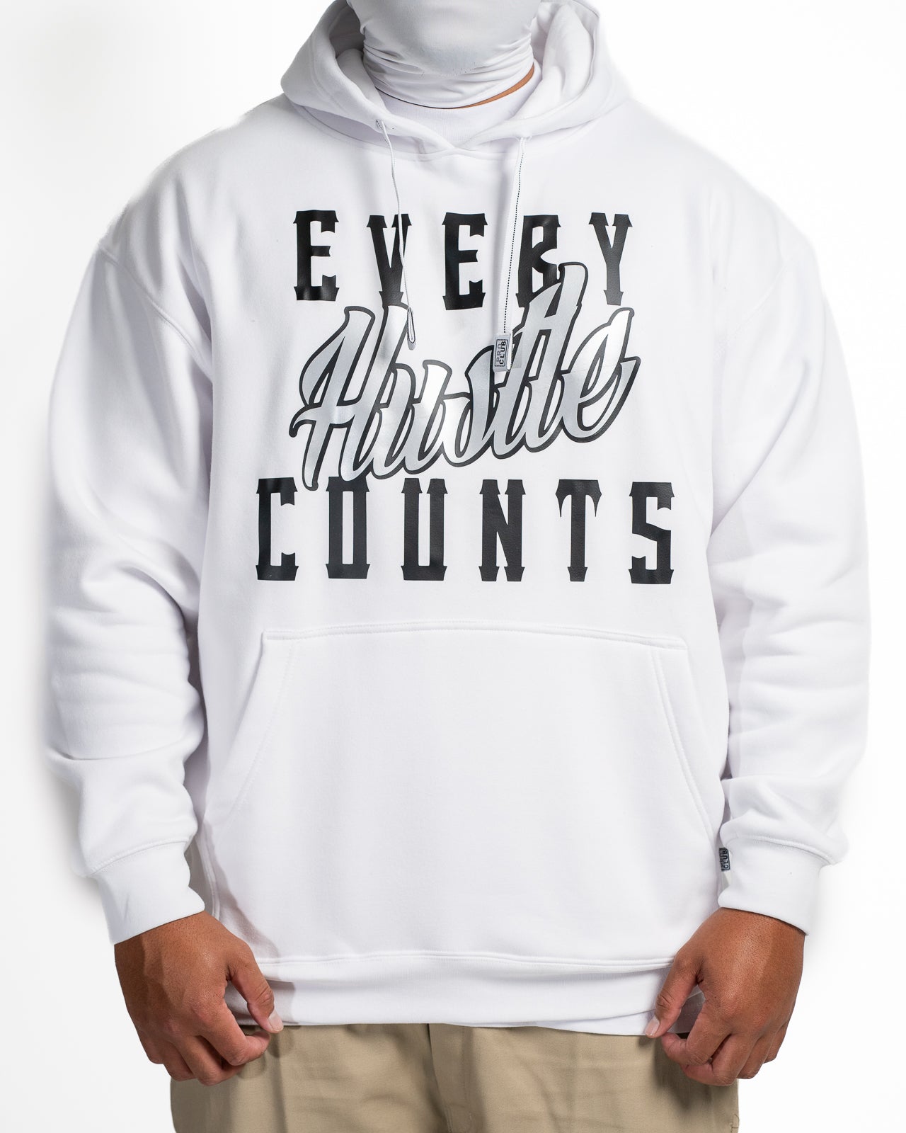 Every Hustle Counts White OG EHC white hoodie with silver script chest print