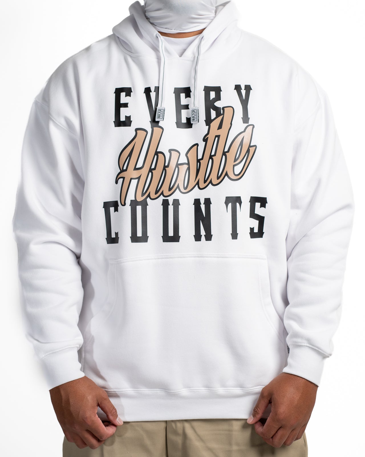 Every Hustle Counts White OG EHC white hoodie with tan script chest print
