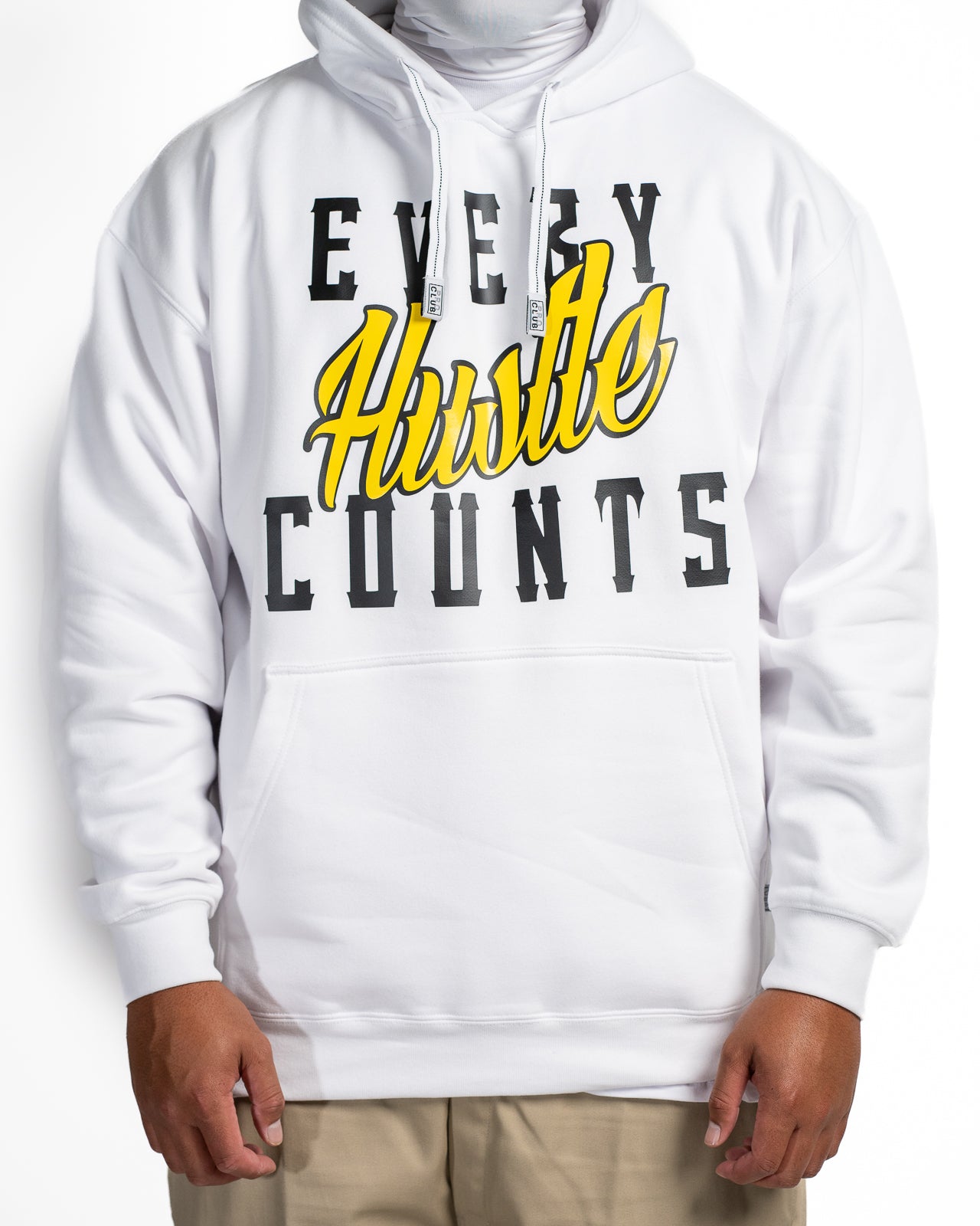 Every Hustle Counts White OG EHC white hoodie with yellow script chest print