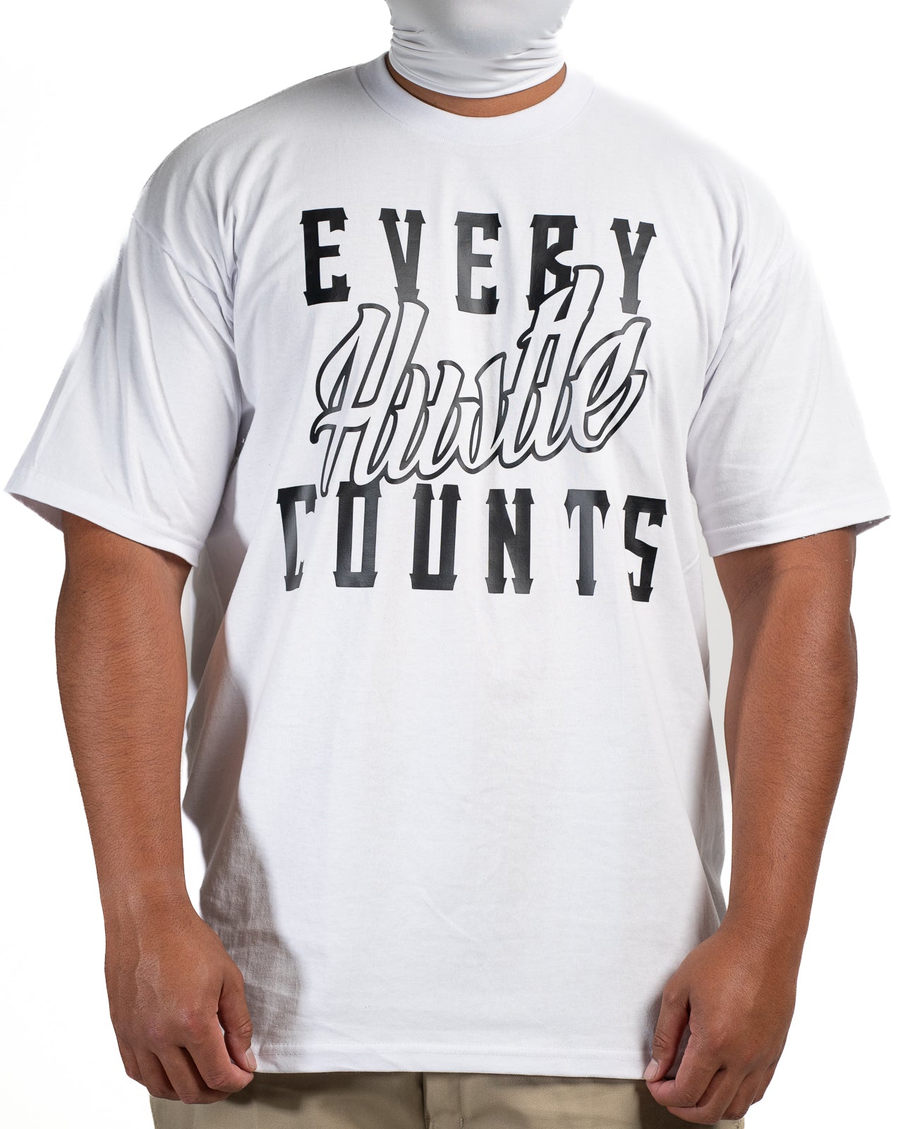 Every Hustle Counts White OG EHC white t-shirt with black and grey script chest print