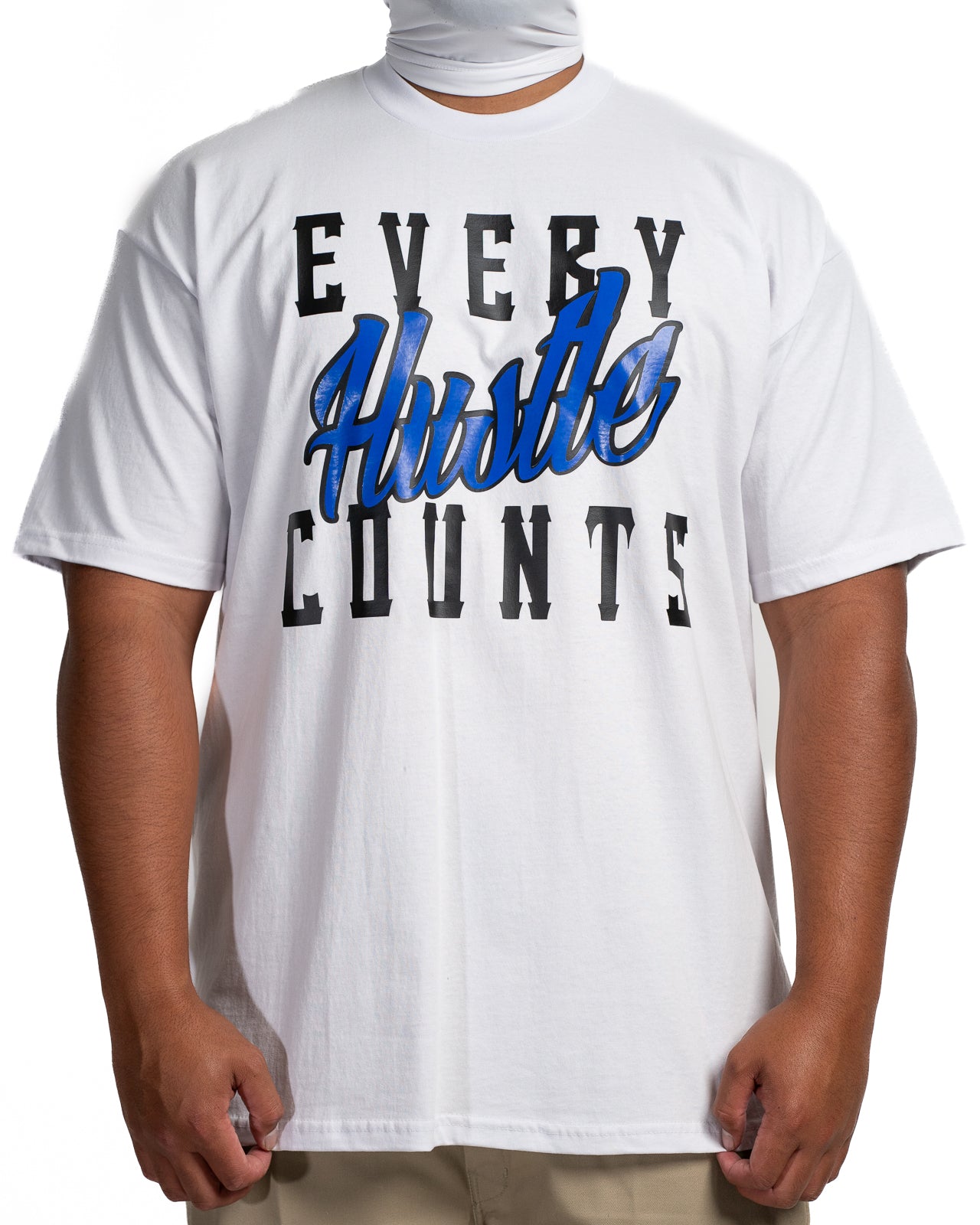 Every Hustle Counts White OG EHC white t-shirt with blue script chest print