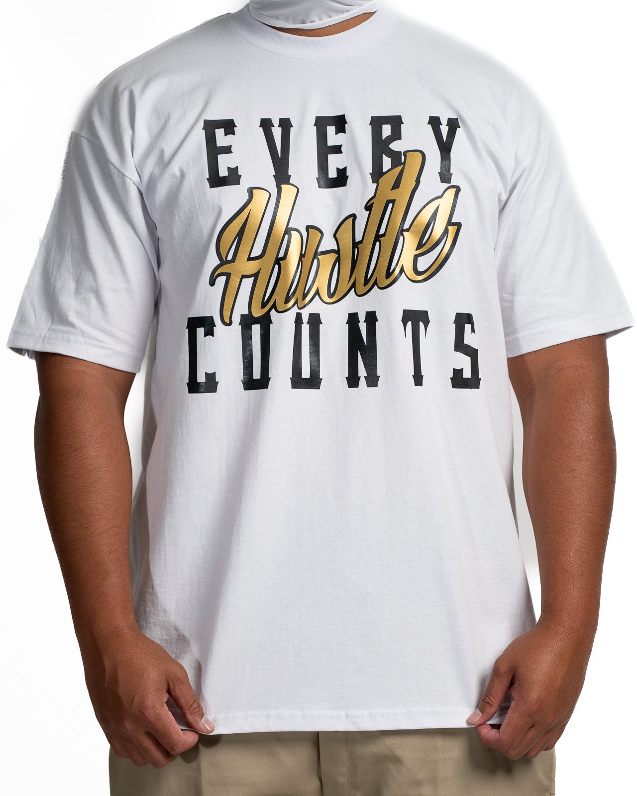 Every Hustle Counts White OG EHC white t-shirt with gold script chest print