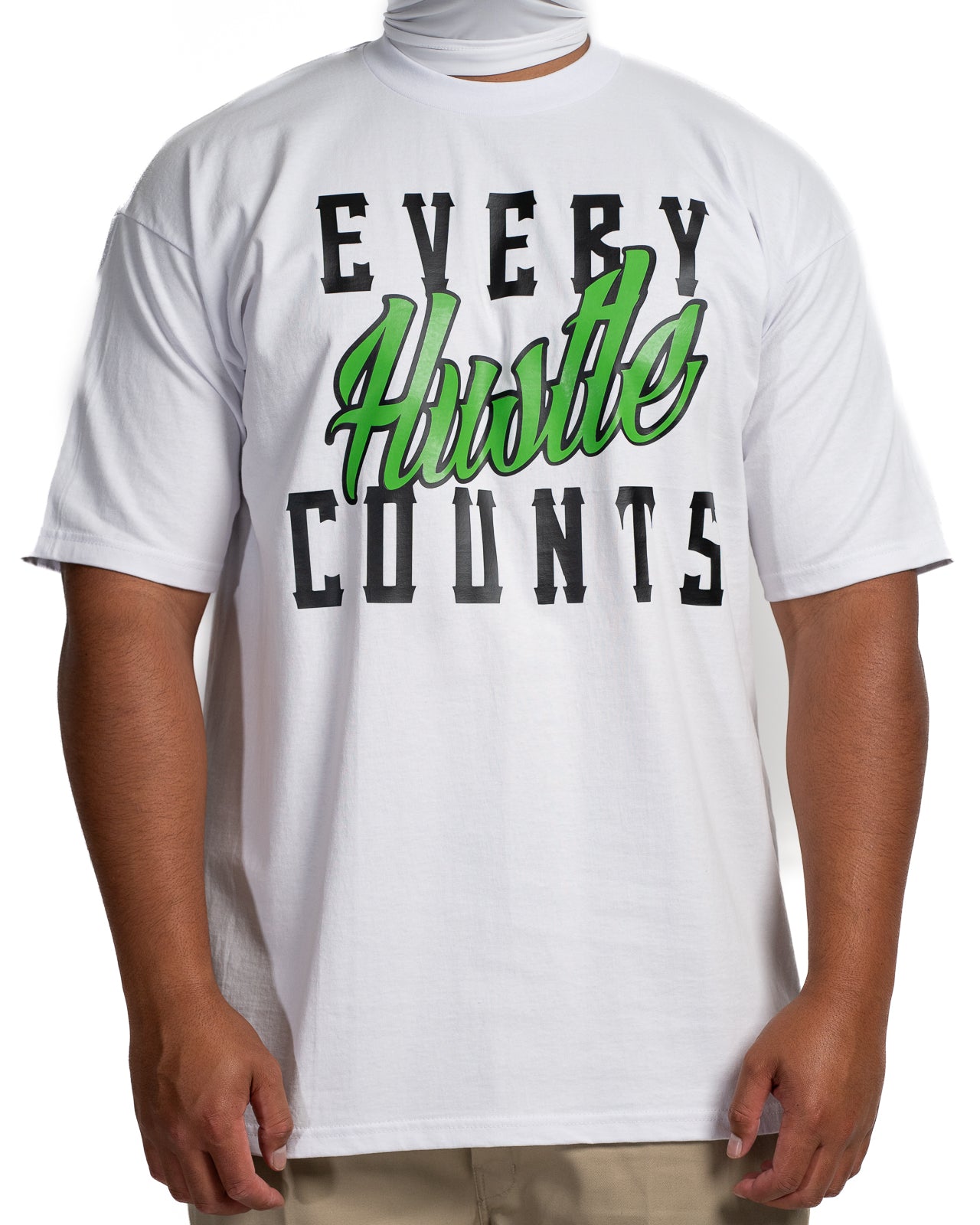 Every Hustle Counts White OG EHC white t-shirt with green script chest print