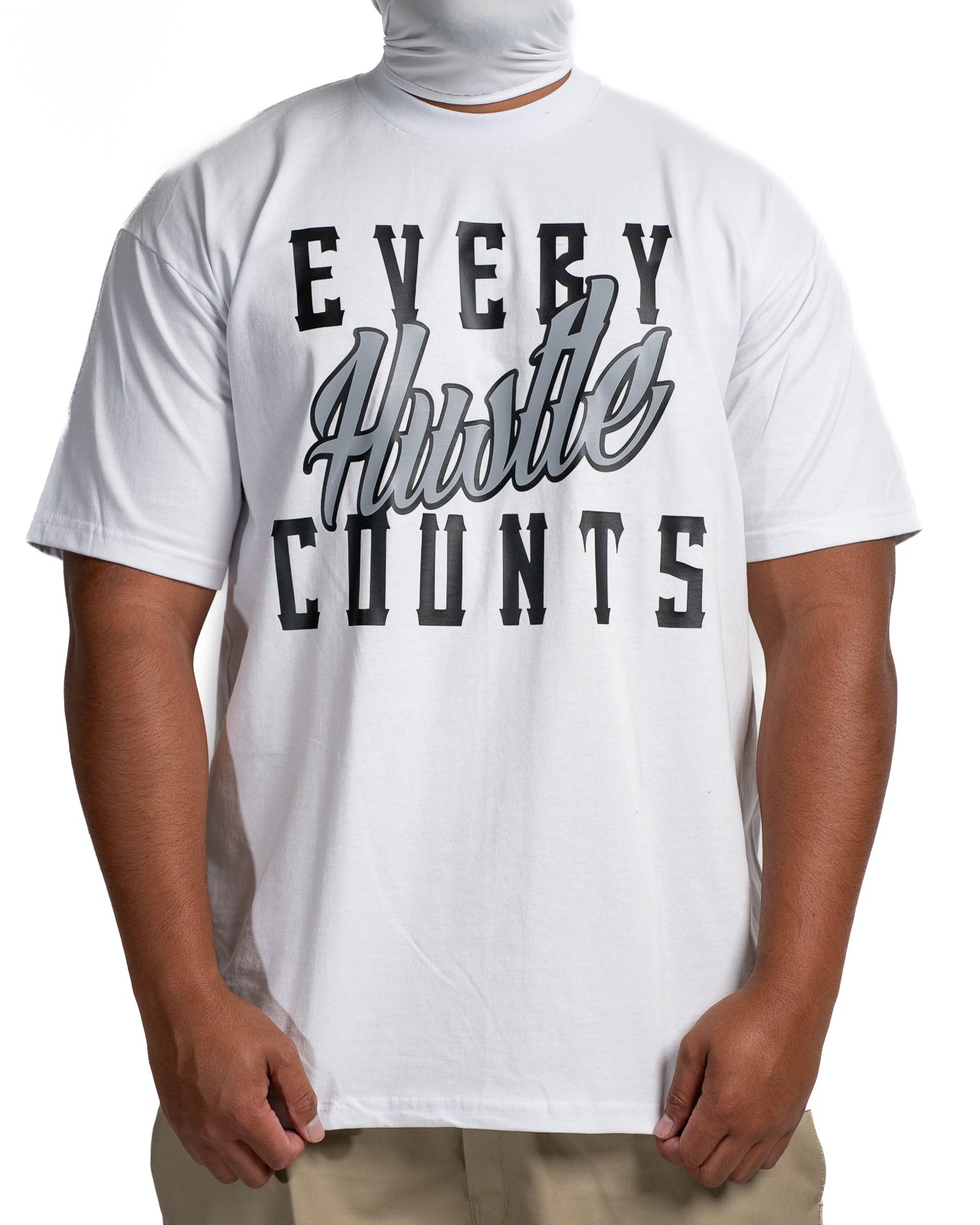 Every Hustle Counts White OG EHC white t-shirt with grey script chest print