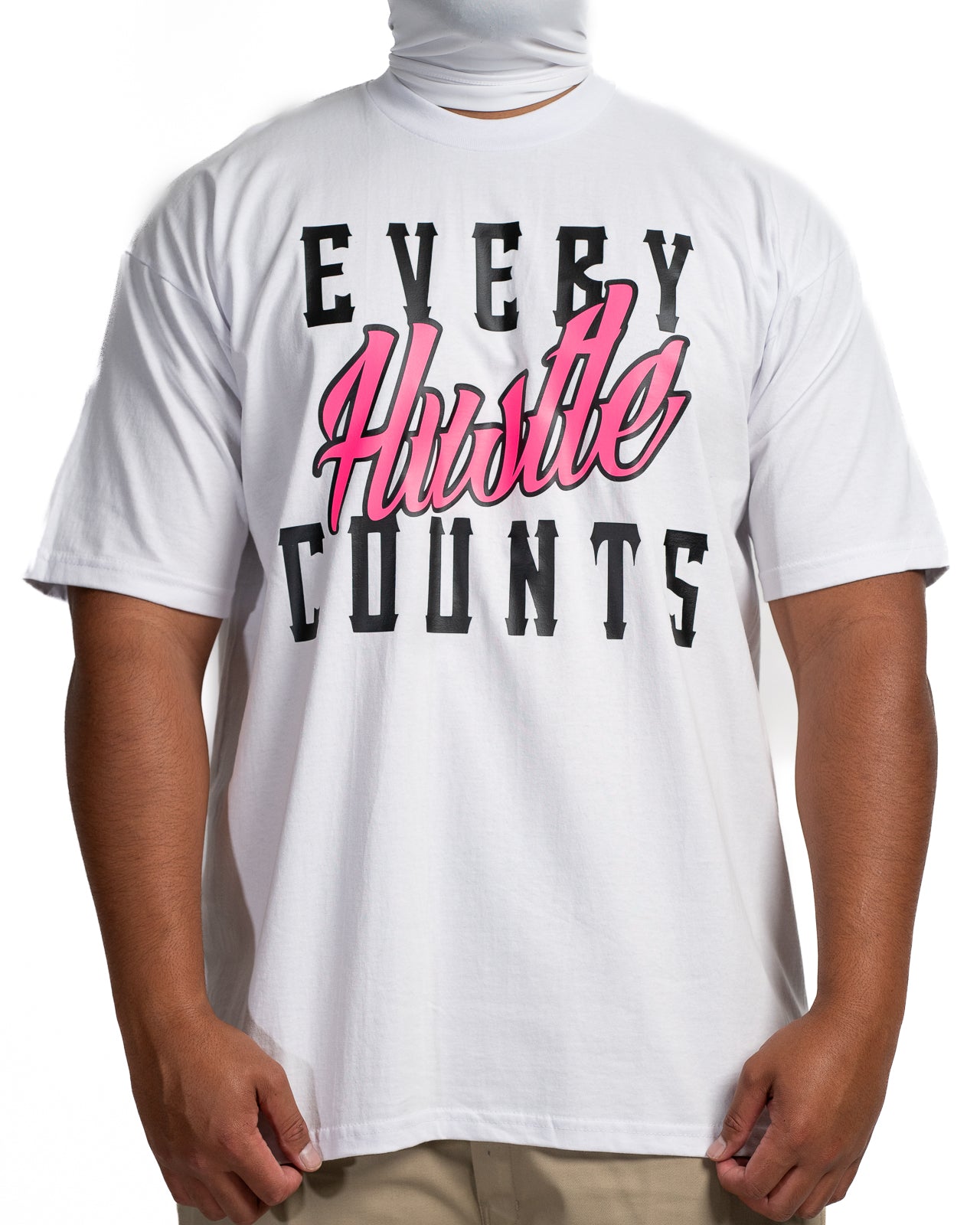 Every Hustle Counts White OG EHC white t-shirt with hot pink script chest print
