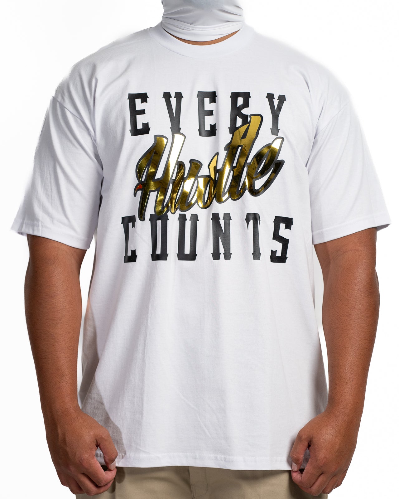 Every Hustle Counts White OG EHC white t-shirt with mirror gold script chest print