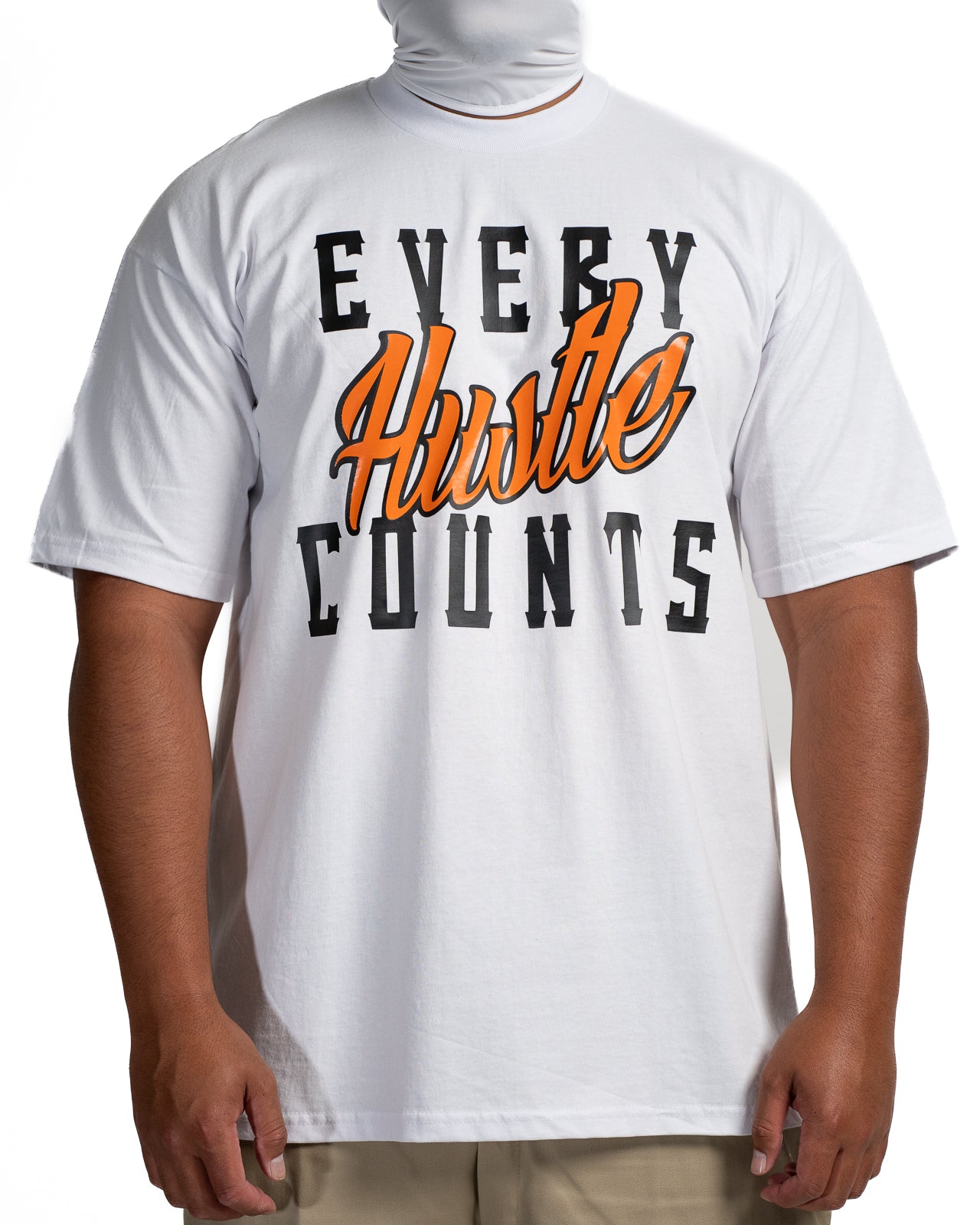 Every Hustle Counts White OG EHC white t-shirt with orange script chest print