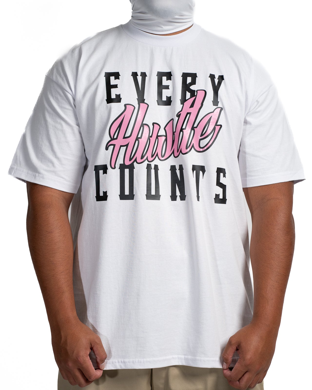 Every Hustle Counts White OG EHC white t-shirt with pink script chest print