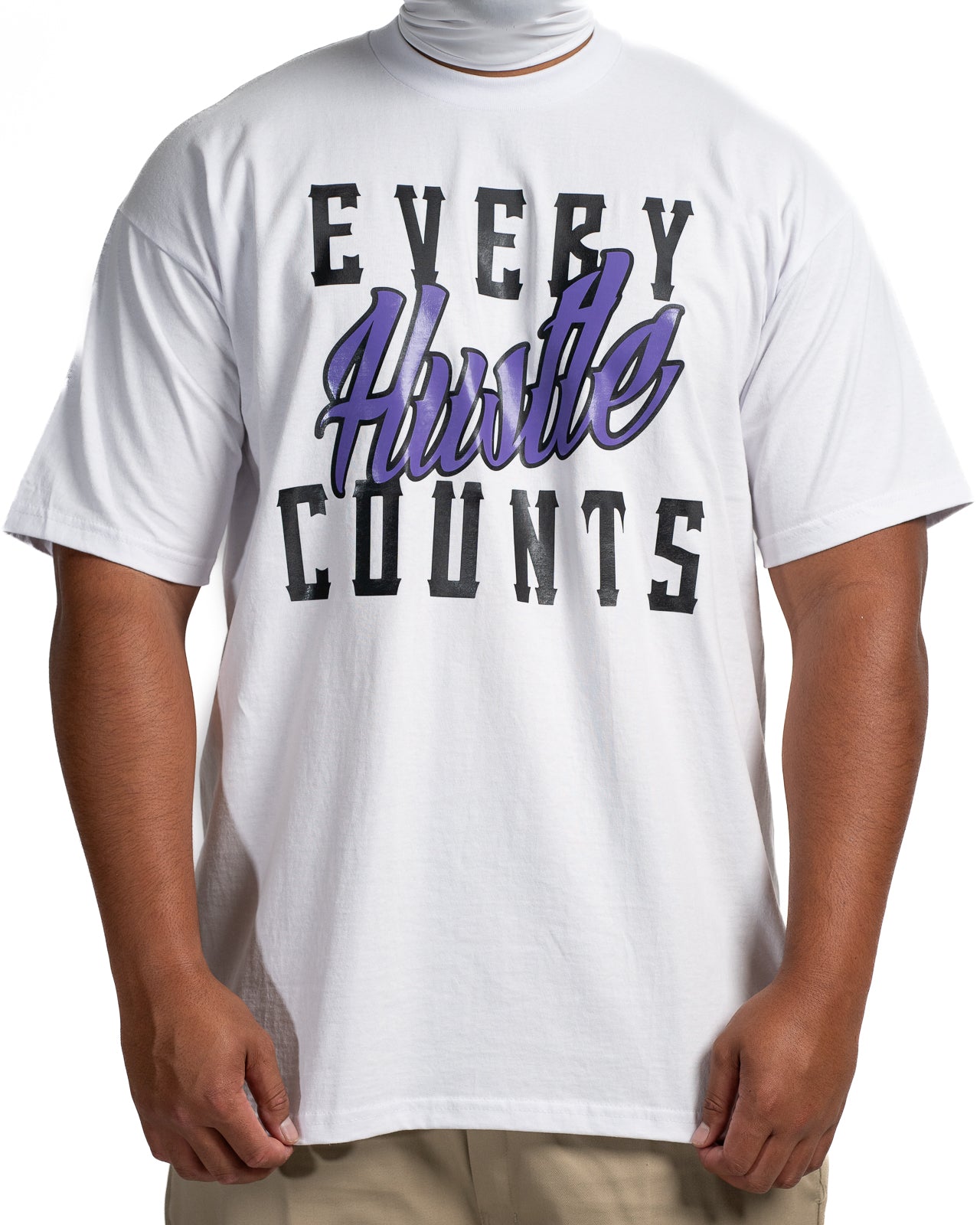 Every Hustle Counts White OG EHC white t-shirt with purple script chest print