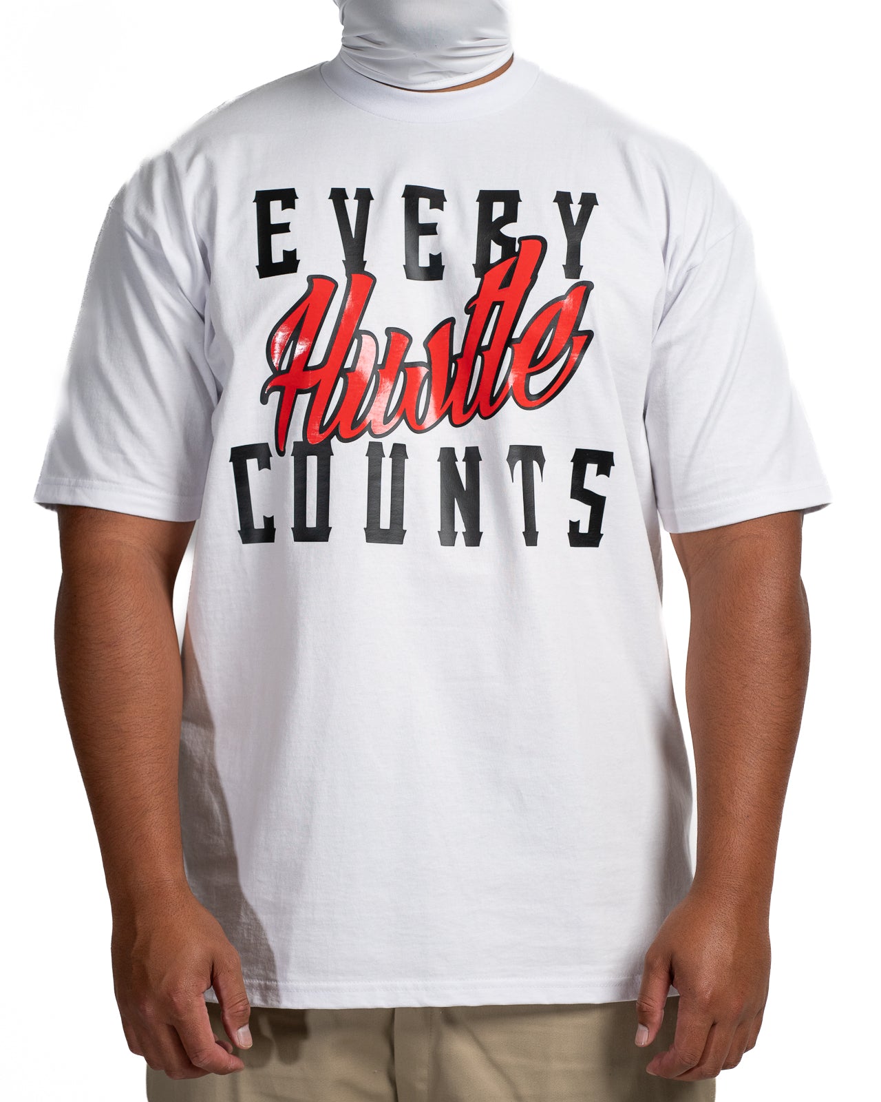 Every Hustle Counts White OG EHC white t-shirt with red script chest print