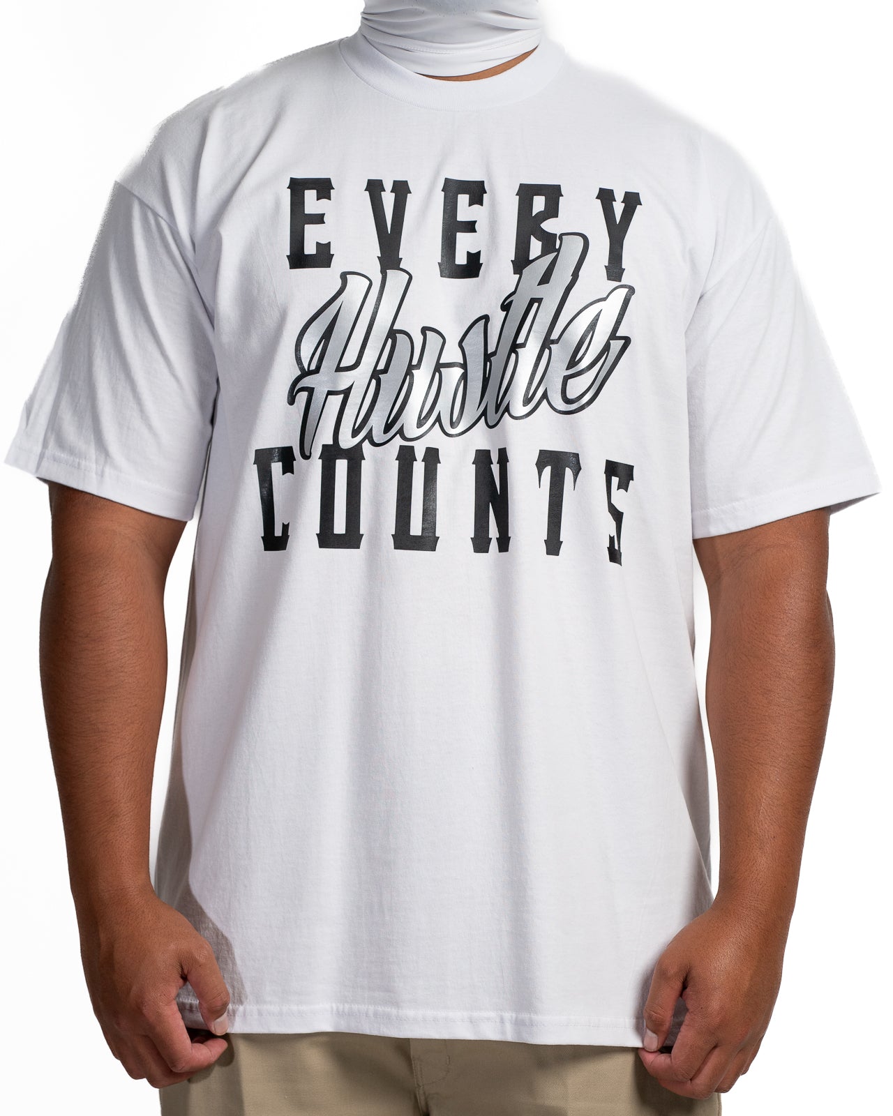 Every Hustle Counts White OG EHC white t-shirt with silver script chest print