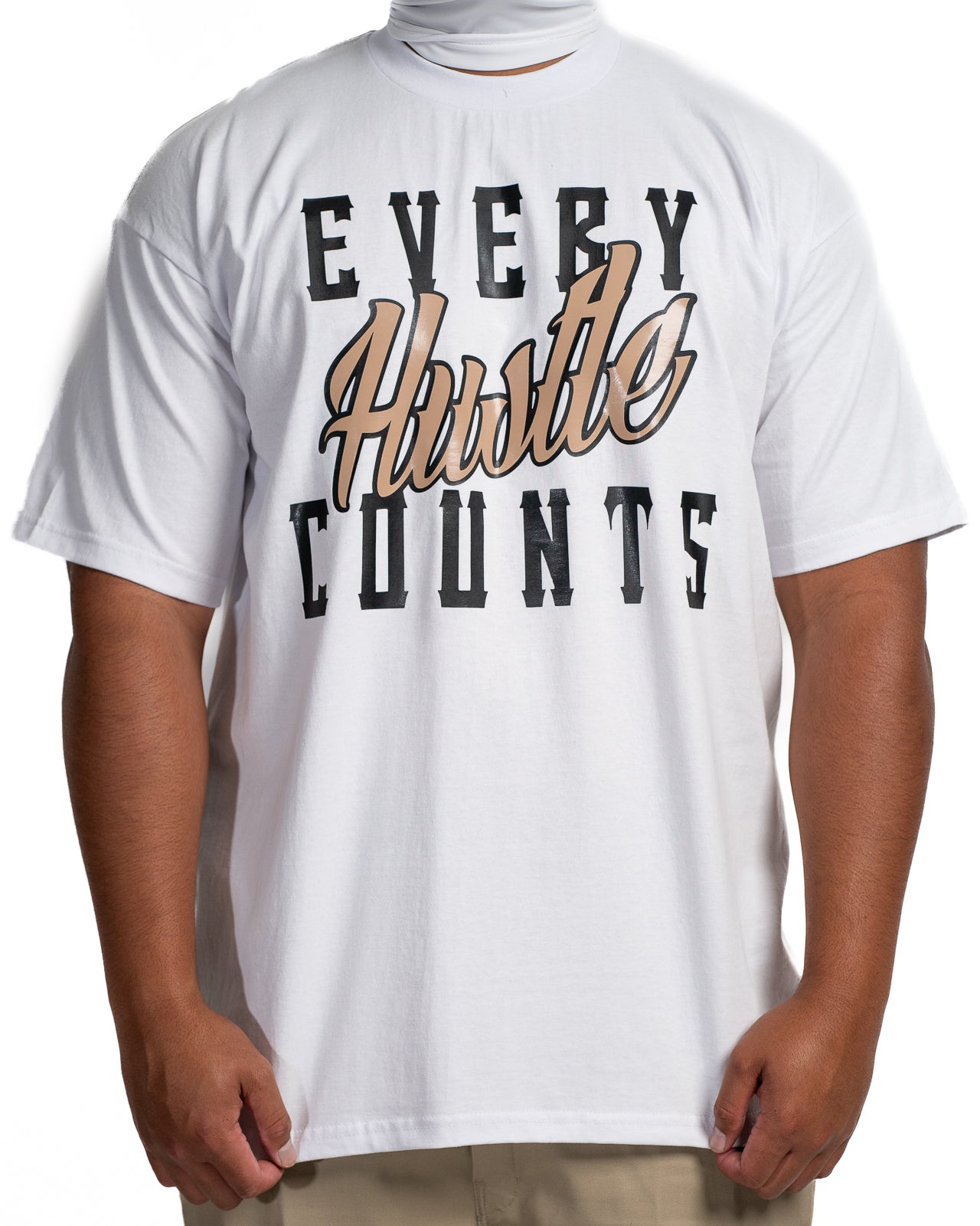 Every Hustle Counts White OG EHC white t-shirt with tan script chest print