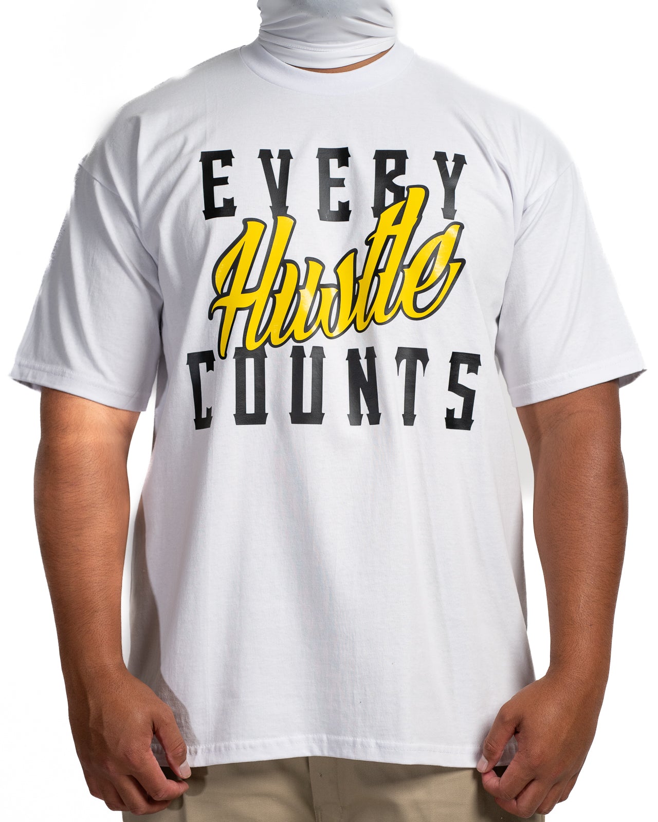 Every Hustle Counts White OG EHC white t-shirt with yellow script chest print