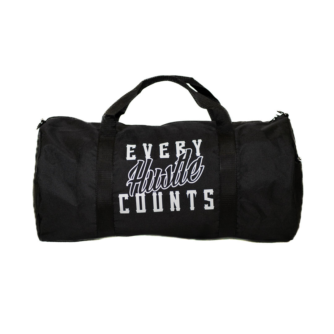 Every Hustle Counts Original EHC black barrel duffle bag with white script print
