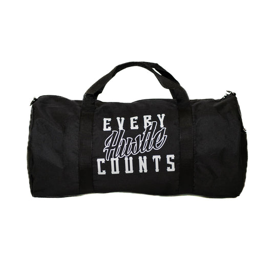 Every Hustle Counts Original EHC black barrel duffle bag with white script print