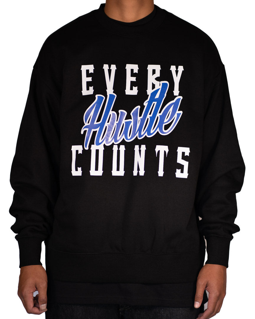 Every Hustle Counts Original EHC black heavy crew neck with blue script chest print