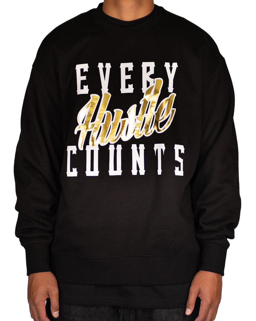 Every Hustle Counts Original EHC black heavy crew neck with gold script chest print