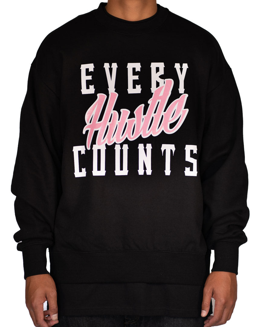 Every Hustle Counts Original EHC black heavy crew neck with pink script chest print