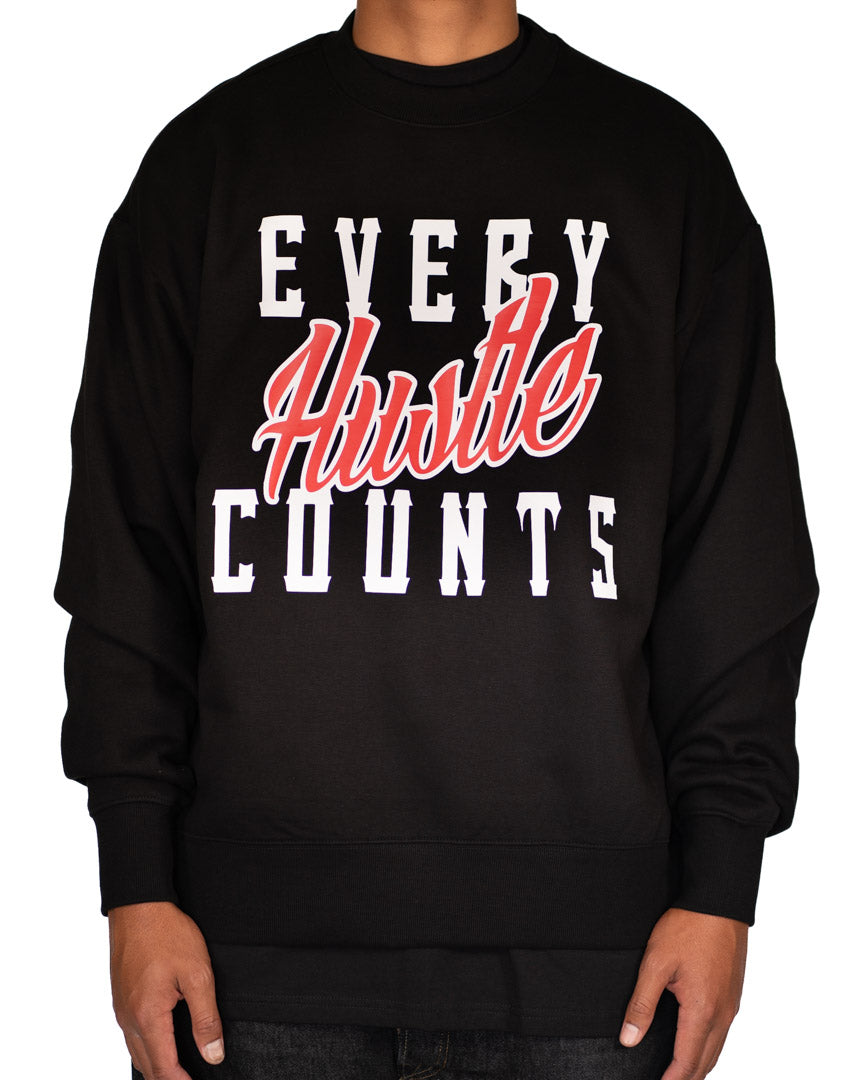 Every Hustle Counts Original EHC black heavy crew neck with red script chest print