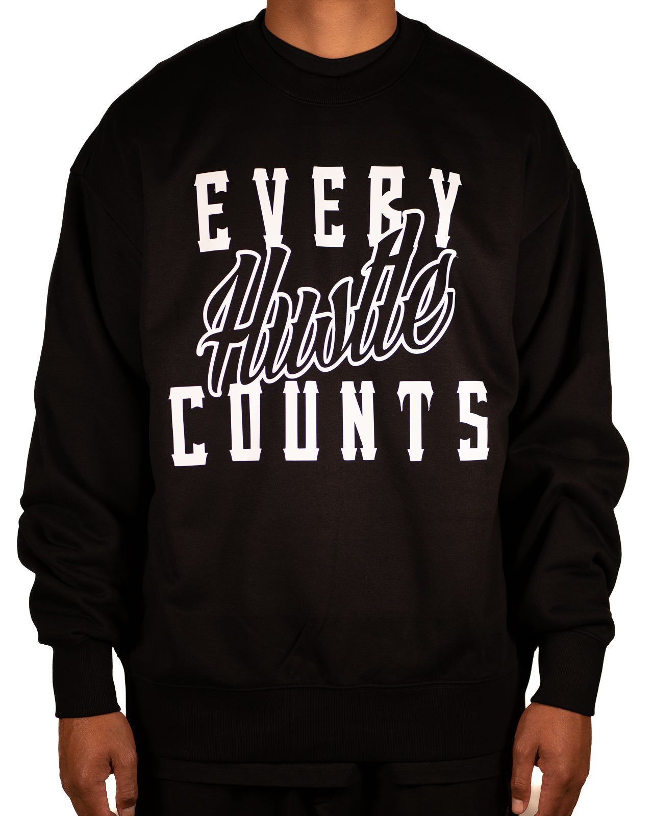 Every Hustle Counts Original EHC black heavy crew neck with white script chest print