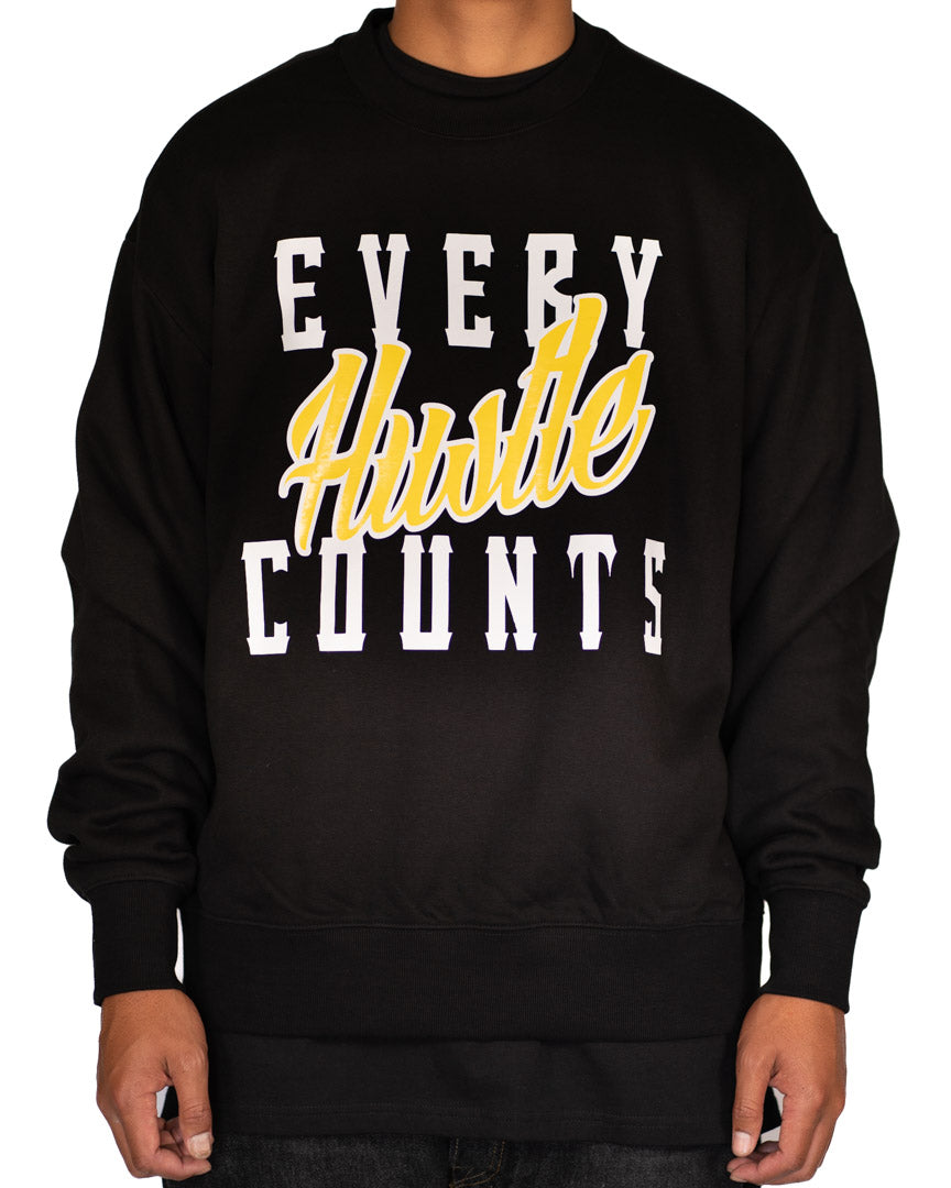 Every Hustle Counts Original EHC black heavy crew neck with yellow script chest print