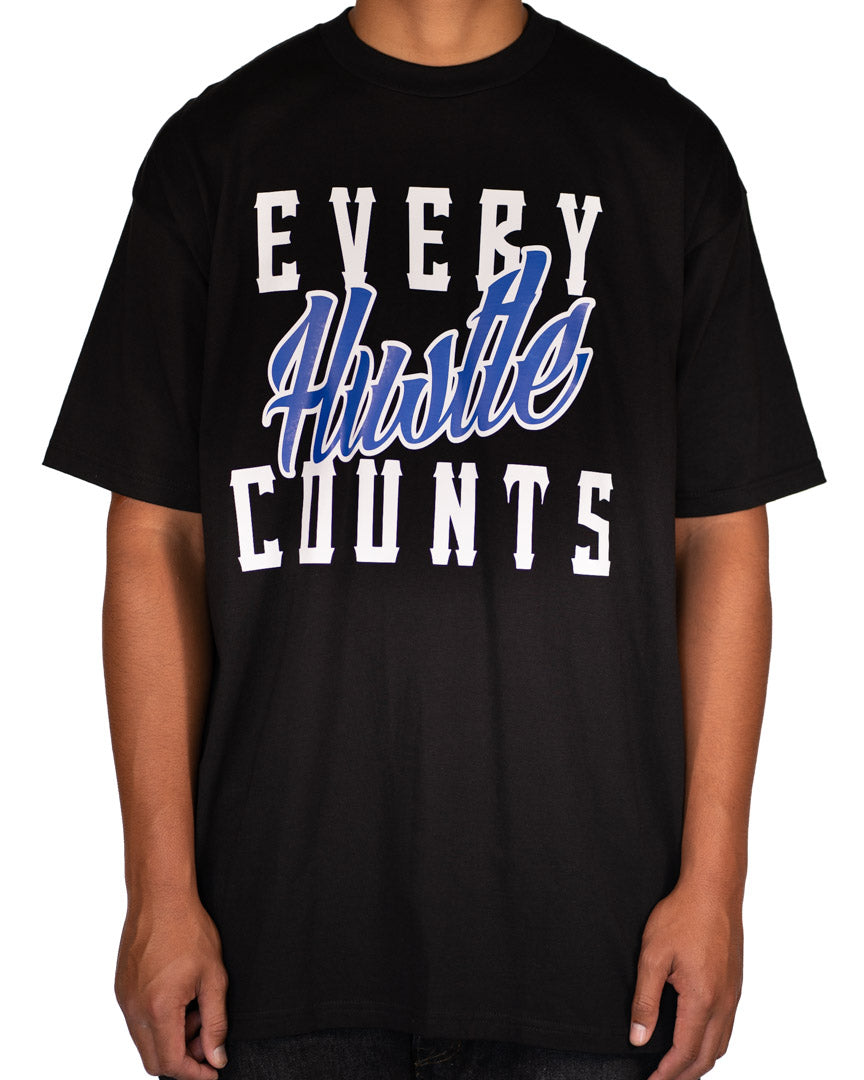 Every Hustle Counts Original EHC black t-shirt with blue script chest print
