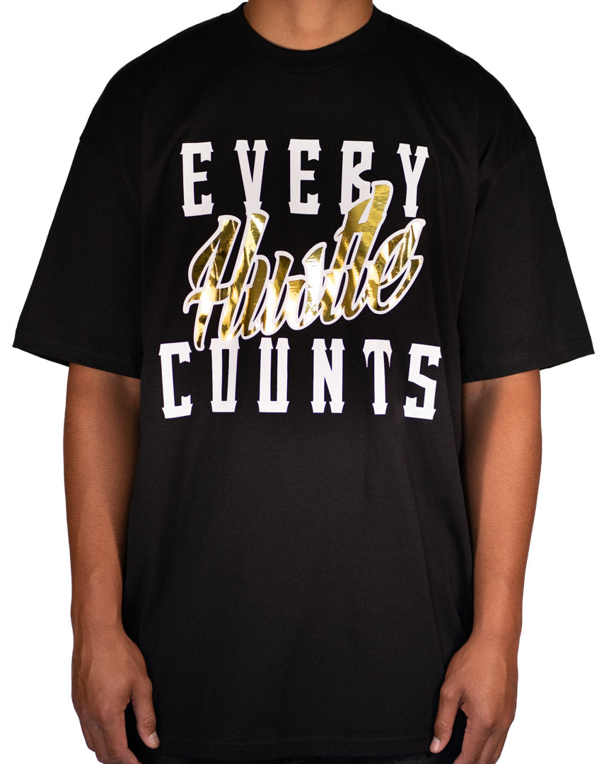 Every Hustle Counts Original EHC black t-shirt with gold script chest print