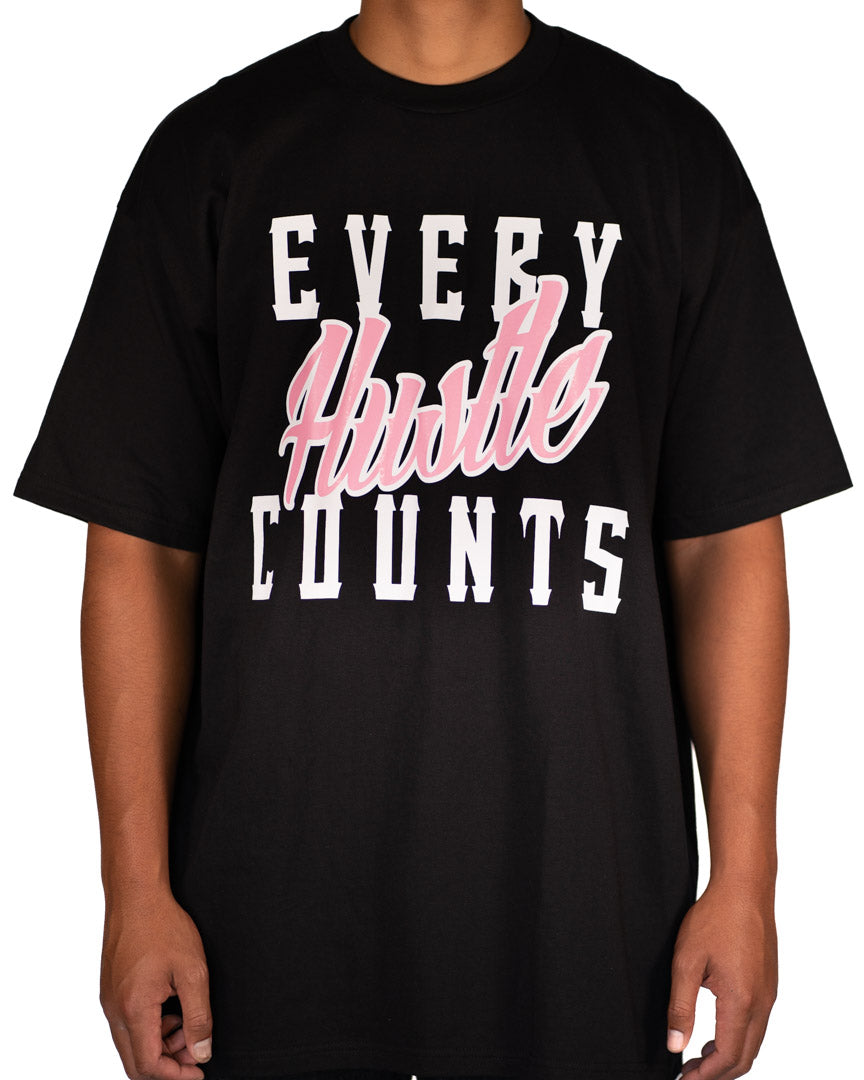 Every Hustle Counts Original EHC black t-shirt with pink script chest print