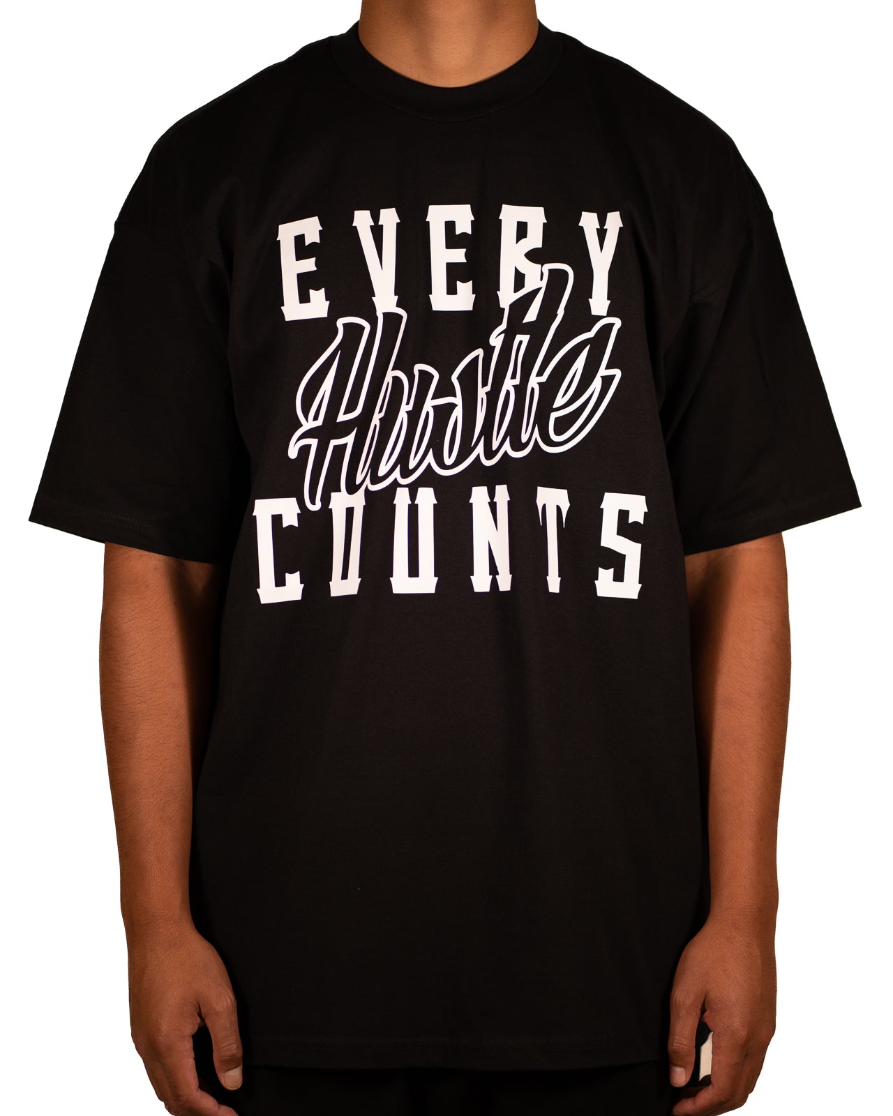 Every Hustle Counts Original EHC black t-shirt with white script chest print