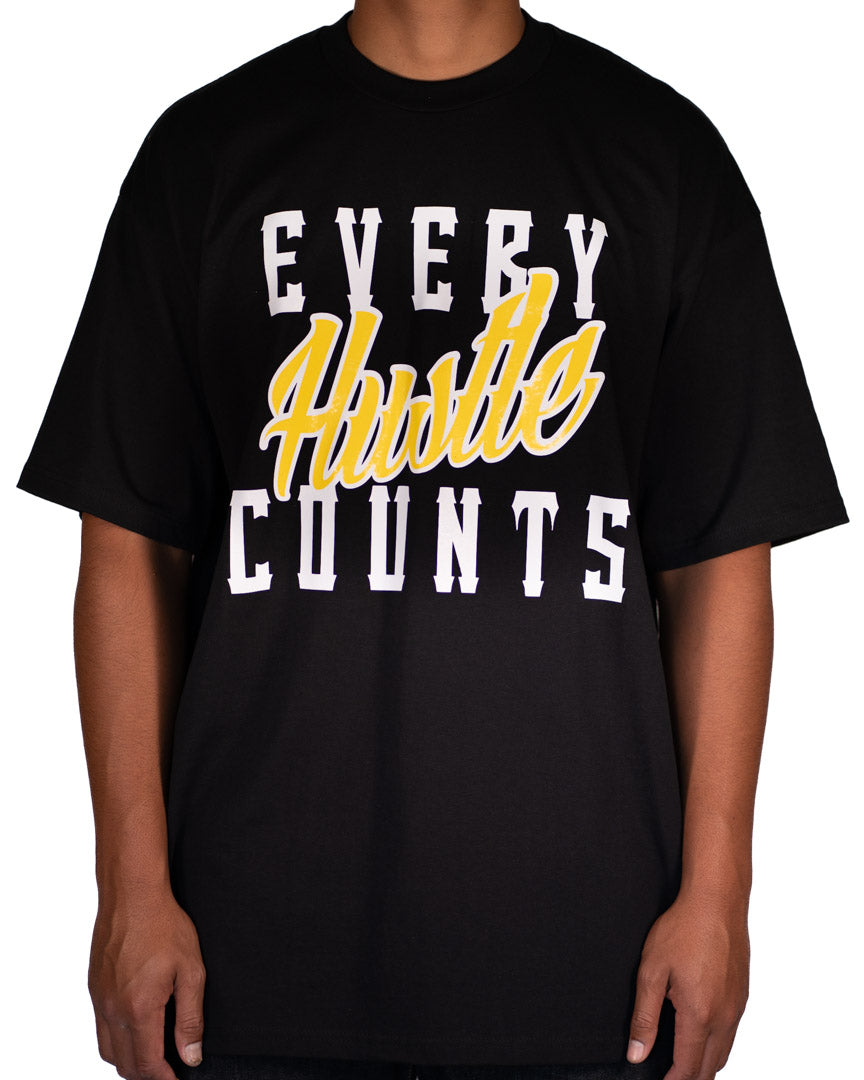Every Hustle Counts Original EHC black t-shirt with yellow script chest print